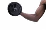 Hand Of Man With Dumbbell On White Background Stock Photo