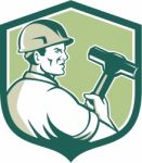 Demolition Worker Sledgehammer Shield Retro Stock Photo