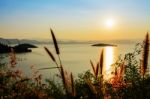 High Angle View Beautiful Lake At Sunset Stock Photo