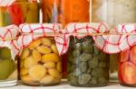 Variety Of Jars With Organic Vegetable Pickles Stock Photo