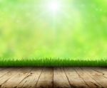 Green Grass And Wood Floor Green Background Stock Photo