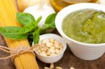 Italian Traditional Basil Pesto Pasta Ingredients Stock Photo