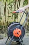 Prepare Watering Plant In The Garden Stock Photo