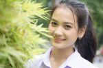 Portrait Of Thai High School Student Uniform Teen Beautiful Girl Happy And Relax, Stock Photo