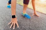 Runner Gesture Ready Start To Run On Road Stock Photo