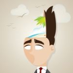 Cartoon Businessman With Summer Beach In His Head Stock Photo