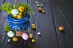 Easter Background With Eggs And Spring Flowers Stock Photo