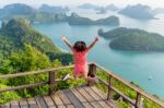 Woman Jumping On Mountain Stock Photo