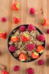 Bran Flakes With Fresh Raspberries And Strawberries Stock Photo