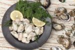 Oyster Seafood Lemon Fresh Mussel Asia Appetizer Stock Photo