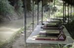 Outdoors Seats Beside The Creek In Summer Stock Photo