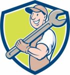 Mechanic Smiling Spanner Standing Crest Cartoon Stock Photo