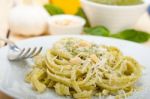 Italian Traditional Basil Pesto Pasta Ingredients Stock Photo