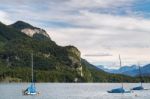 Yachts Moored In Lake Wolfgang At St. Gilgen Stock Photo