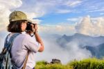 Hiker Teens Girl Taking Picture Stock Photo