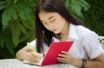 Thai Adult Student University Beautiful Girl Reading Red Book Stock Photo