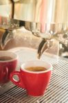 Fresh Brewing Hot Coffee From Espresso Machine With Vintage Filt Stock Photo