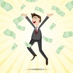 Cartoon Happy Businessman Jumping With Money Stock Photo