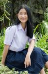 Portrait Of Thai High School Student Uniform Teen Beautiful Girl Happy And Relax, Stock Photo