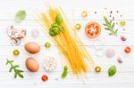 Ingredients For Homemade Pasta On Wooden Background Stock Photo