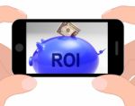 Roi Piggy Bank Displays Investors Return And Income Stock Photo