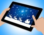 Reindeer Santa Shows Winter Snow And Congratulation Tablet Stock Photo