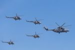 Mi-26 (halo) And Mi-8amtk (hip) Helicopters Fly On Military Para Stock Photo