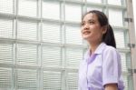 Portrait Of Thai High School Student Uniform Teen Beautiful Girl Happy And Relax, Stock Photo