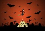 Halloween Witch Bat Skull Gravestone Cross  Stock Photo