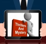 Thrillers And Mystery Book With Character Displays Genre Fiction Stock Photo