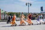 Buddhists Marching In The Old Market Square In Warsaw Stock Photo