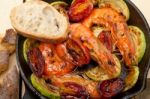 Roasted Shrimps With Zucchini And Tomatoes Stock Photo