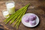 Japanese Sweet Black Sesame Daifuku With Rice Milk And Ear Of Ri Stock Photo