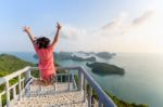 Woman Tourist On Peak Viewpoint Of Island Stock Photo