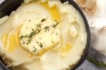 Mashed Potato With Butter Herb Thyme Rosemary Closeup Stock Photo