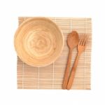 Wooden Bowl With Wooden Fork And Spoon Isolated On White Background Stock Photo