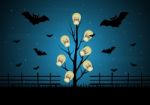 Halloween Skull Tree Bat Fence  Stock Photo