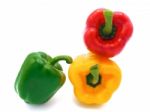 Fresh Vegetables, Red, Yellow, Green Sweet Peppers On White Back Stock Photo