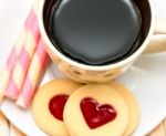 Heart And Coffee Means Valentines Bickies And Biscuits Stock Photo