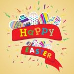 Happy Easter With Colorful Egg On Yellow Background.  Happy Easter On Party Background Stock Photo