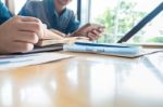 Two Students Studying Together From Text Book, Lifestyle Tutorin Stock Photo