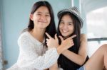 Two Asia Thai Teen Best Friends Girls Smile And Funny Stock Photo