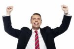 Successful Corporate Male, Arms Raised Stock Photo