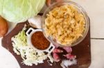 Handmade Preparation Of Sauerkraut And Cabbage Kimchi Stock Photo