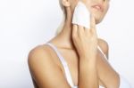 Woman Clean Face With Wet Wipes Stock Photo