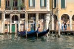 Gondolas Moored In Venice Stock Photo