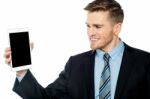 Young Business Man Presenting New Tablet Pc Stock Photo