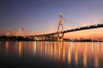 Night View Of Bhumibol Bridge In Thailand Stock Photo