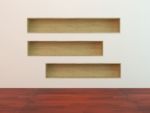 Wood Book Shelf Built-in  Wall On Blue Background Stock Photo