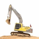 Old Dirty Yellow Backhoe And Brown Soil Ground On White Background Stock Photo